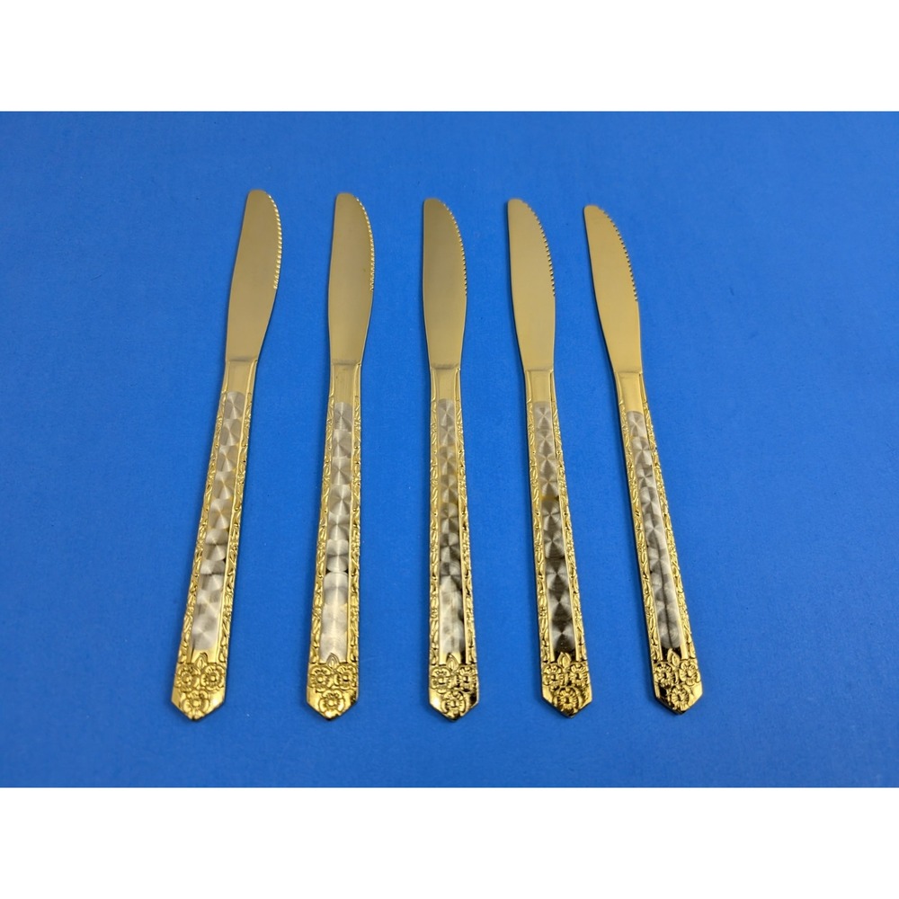 Vintage Stainless Steel Japan Silver Gold Tone Floral Butter Knife Set of 5